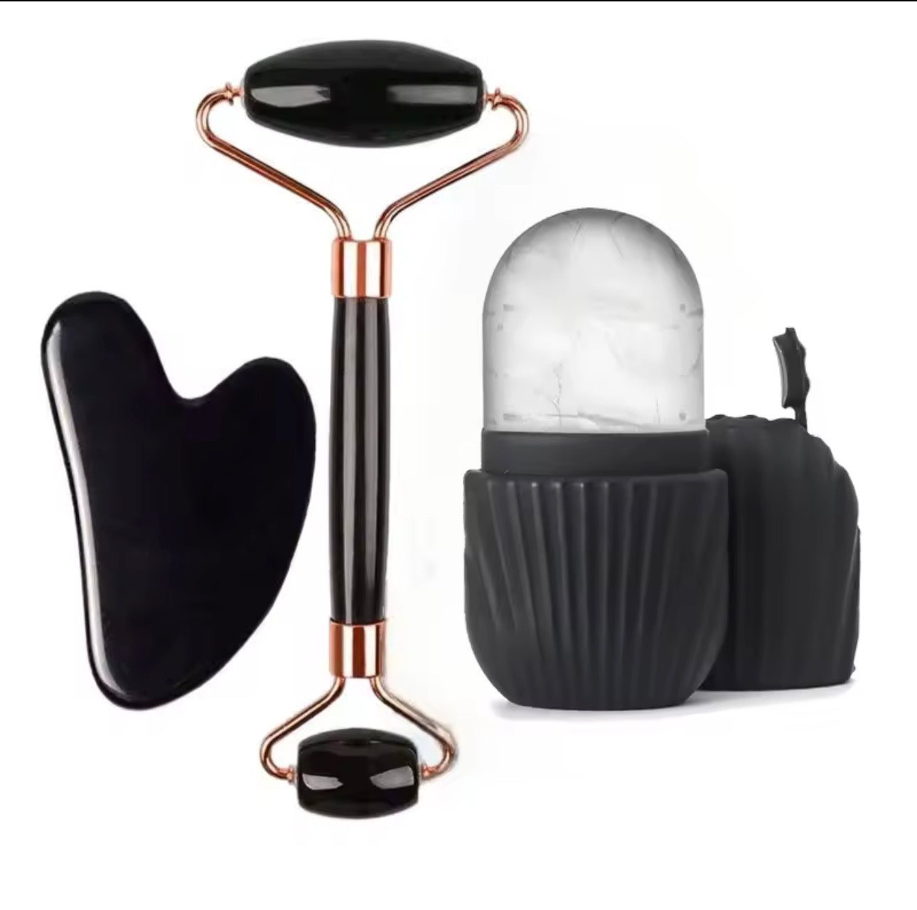 4-piece facial massage tool set including roller massager, ice bead roller and scraping board, with a toiletry bag