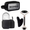 4-piece facial massage tool set including roller massager, ice bead roller and scraping board, with a toiletry bag